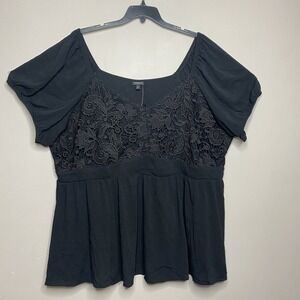 Torrid Crinkle Gauze With Lace Puff Short Sleeve Women Blouse Black SZ‎ 4/4X/26